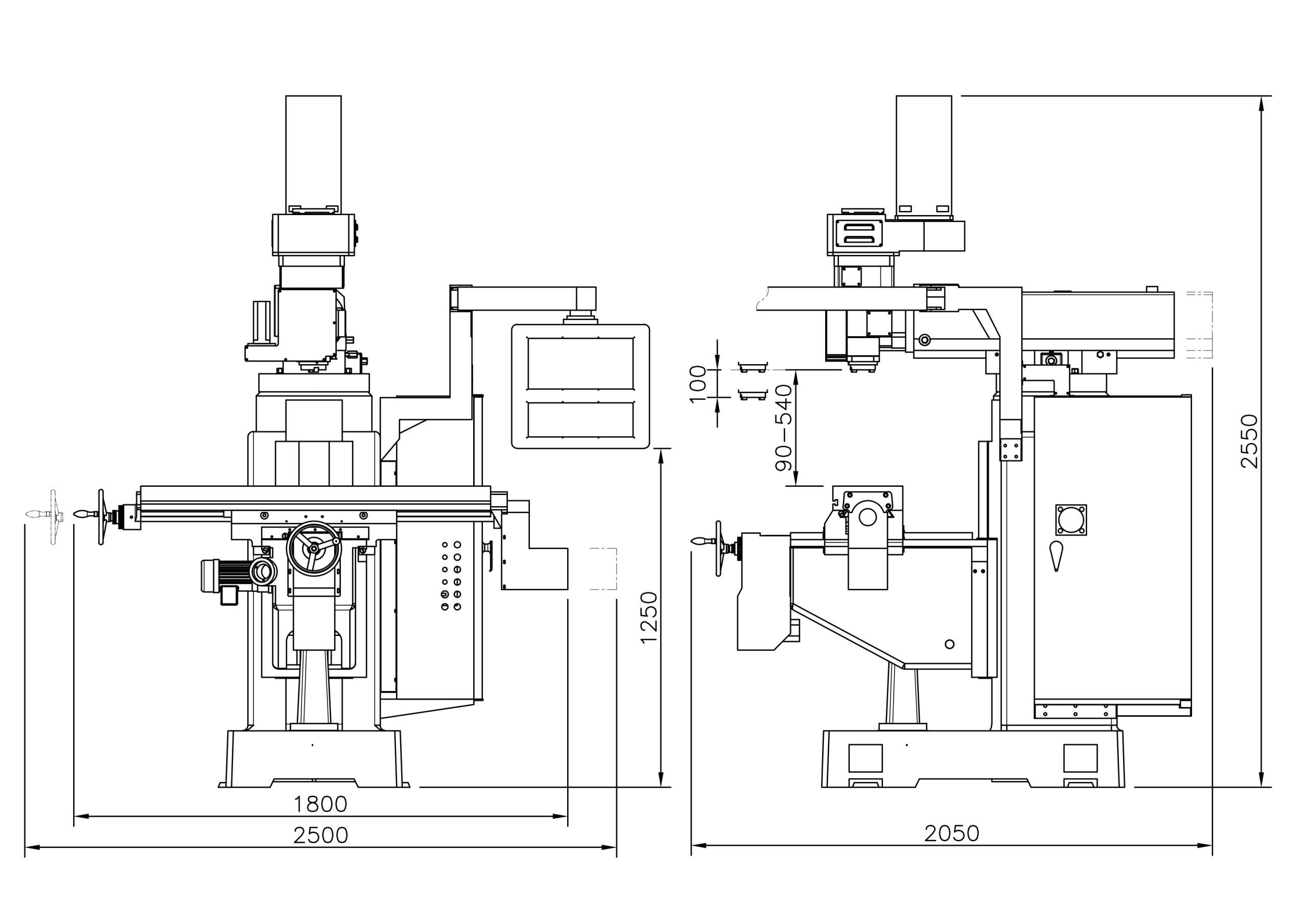 Kích thước máy phay đứng CNC model YSM-18VNC