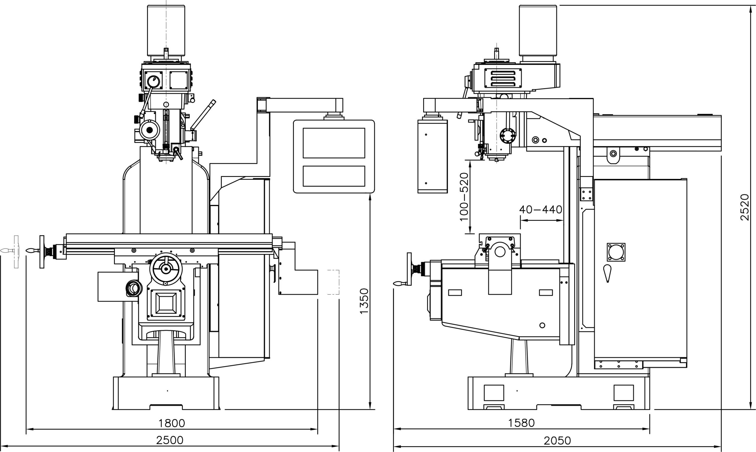 Kích thước máy phay đứng CNC model YSM-20ANC