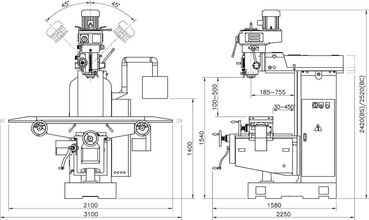 Kích thước máy phay đứng YSM-20BS; YSM-20BC