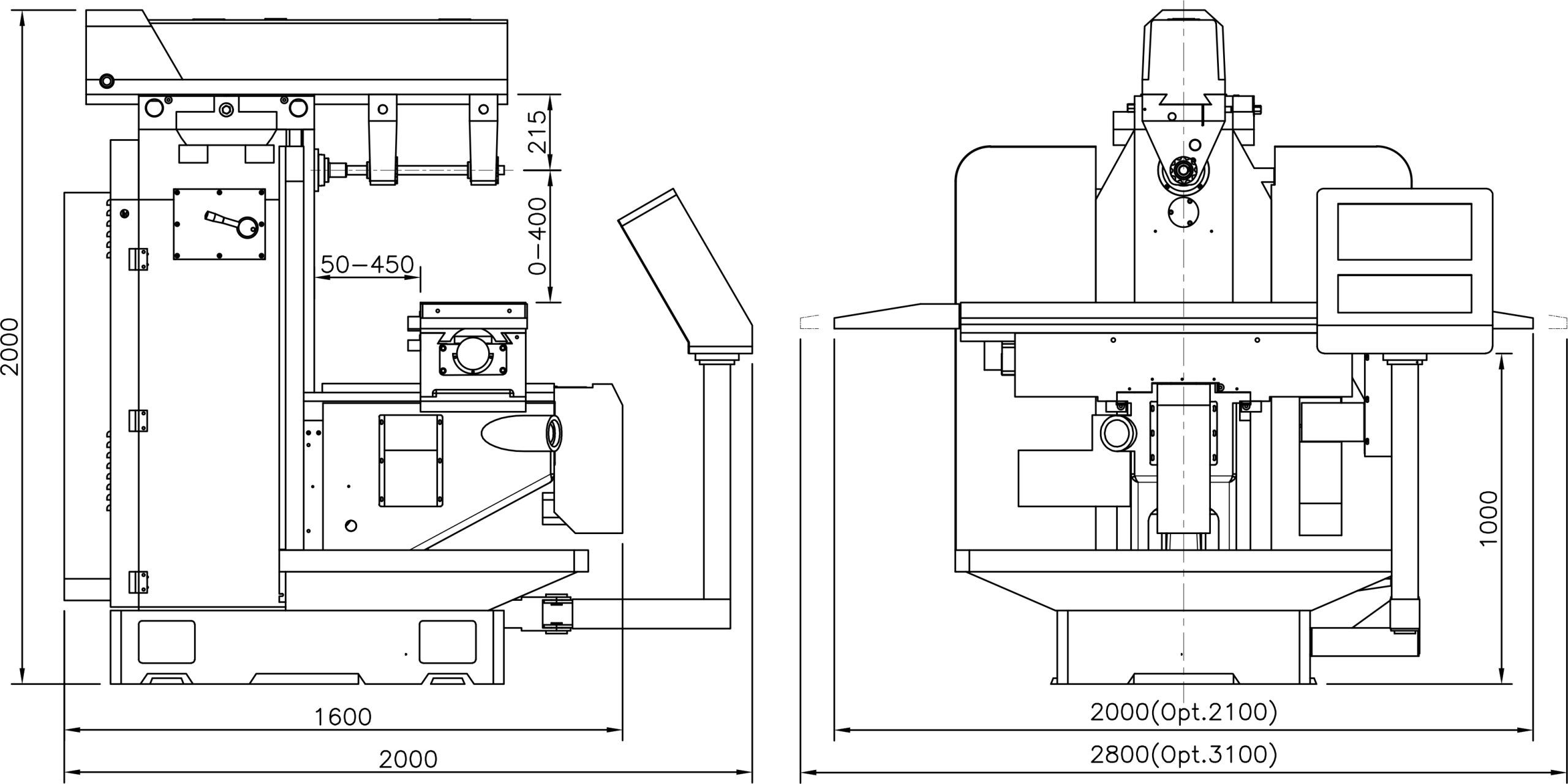 Kích thước máy phay ngang CNC model YSM-26HNC