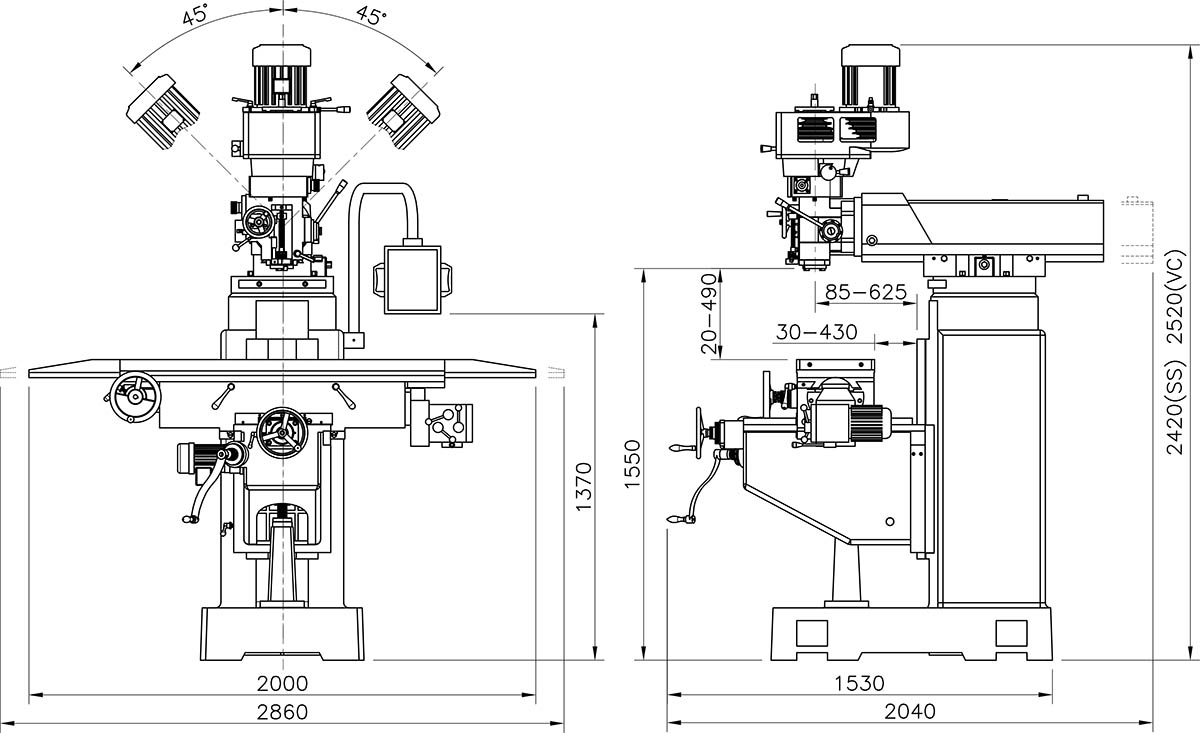 Kích thước máy phay đứng YSM-860S; YSM-860C
