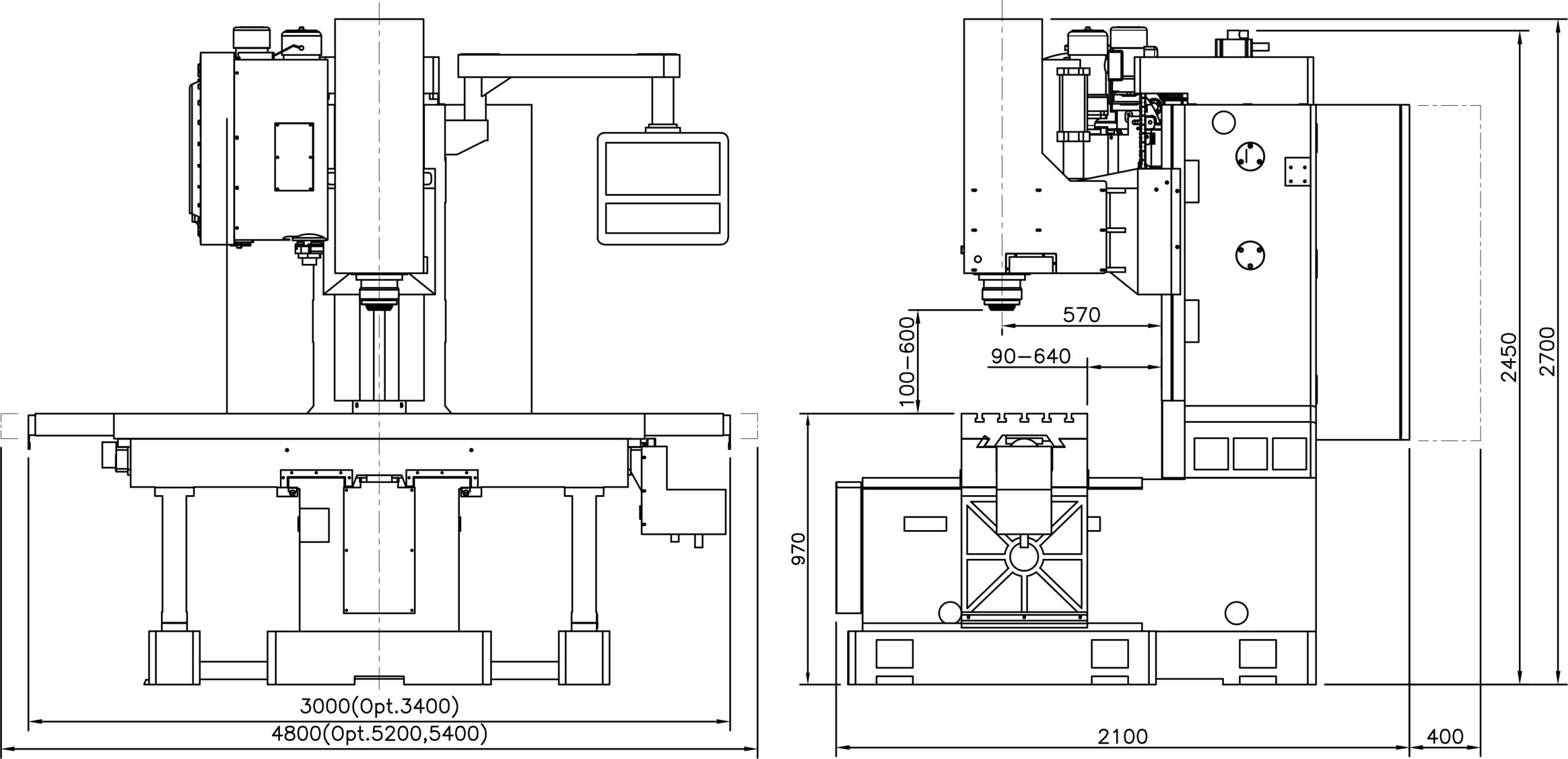 Kích thước máy phay giường CNC model YSM-VB1600